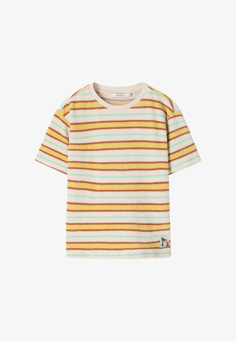 Korte mouw terrycloth T-shirt met horizontale strepen in geel, bruin en lichtblauw, met een kleine patch van een palmboom en zonsondergang bij de zoom.