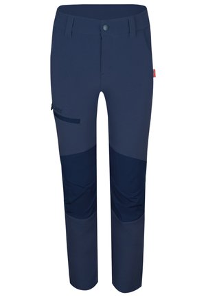 Navy hiking pants with a tapered fit, featuring a zippered thigh pocket and contrasting panels. Made of durable, lightweight fabric.