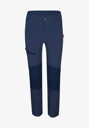 Navy hiking pants with a tapered fit, featuring a zippered thigh pocket and contrasting panels. Made of durable, lightweight fabric.