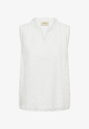 Blouse blanche sans manches en dentelle à motif floral avec une petite ouverture en V, étiquette "CREAM" à l'intérieur du col.