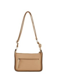 Beige synthetische handtas met een gladde afwerking, rechthoekige vorm, verstelbare schouderband en een voorvak met rits en een franje detail.