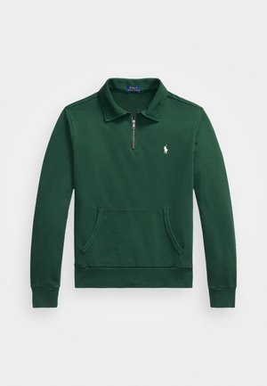 Pulôver de mangas compridas verde escuro com fecho de zíper de um quarto, bolso tipo canguru na frente e logotipo bordado em branco da Polo Ralph Lauren no lado esquerdo do peito.