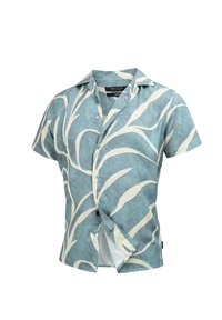 Short-sleeve shirt in a light blue fabric with a textured pattern, featuring white leaf-like designs and button closures down the front.