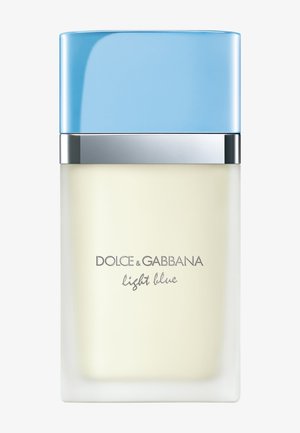Flacon de parfum rectangulaire en verre dépoli avec bouchon bleu clair, bande argentée et texte "Dolce & Gabbana light blue" à l'avant.