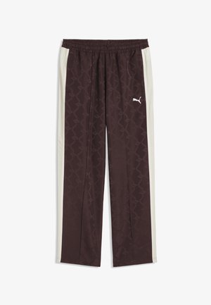 Ciemnobrązowe spodnie dresowe z jasnobeżowymi bocznymi paskami, elastycznym pasem, subtelnym wzorem i białym logo Puma na prawej udzie.