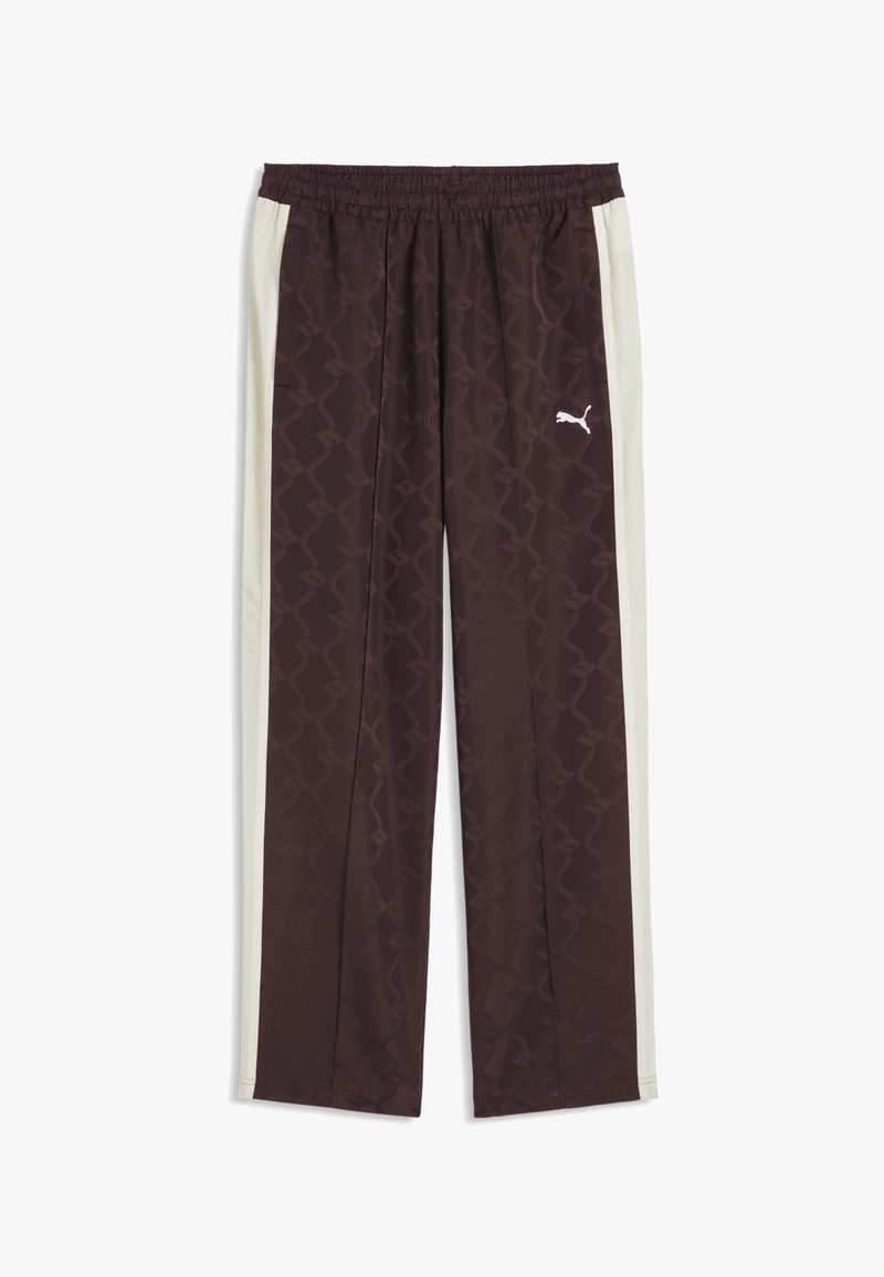 Σκούρο καφέ παντελόνι φόρμας με ανοιχτό μπεζ πλευρικές ρίγες, ελαστική μέση, διακριτό μοτίβο και λευκό λογότυπο Puma στο δεξί μηρό.