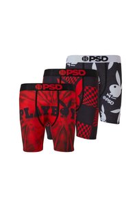 Trois paires de boxers pour hommes : un rouge avec le logo "PLAYBOY" noir, un noir avec un motif à carreaux rouges, et un noir avec un logo de lapin blanc.