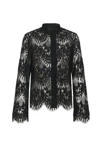 Fekete, hosszú ujjú csipke blúz virágmintákkal, fodros szegéllyel, magas nyakkivágással és gombos elülső résszel.