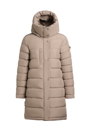 Beige pufferjack met een hoge kraag en een afneembare capuchon, voorzien van horizontale quilten, een ritssluiting aan de voorkant, drukknopen en een zijzak.