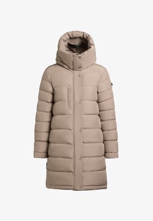 Beige pufferjack met een hoge kraag en een afneembare capuchon, voorzien van horizontale quilten, een ritssluiting aan de voorkant, drukknopen en een zijzak.