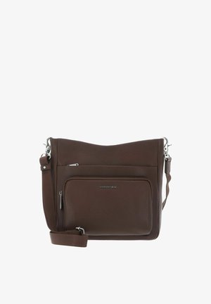 Sac bandoulière en cuir marron avec une finition texturée, doté d'une poche zippée frontale et d'une sangle ajustable. Marquage discret à l'avant.