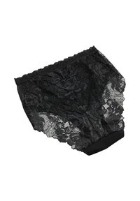 Bragas de encaje negro con patrones florales, bordes festoneados y una cinturilla negra sólida. Detalles de encaje suaves e intrincados en los lados y la parte posterior.