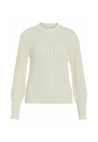 Pull en tricot crème avec un motif diamant texturé, des poignets côtelés et un col festonné. Manches longues et silhouette ajustée.