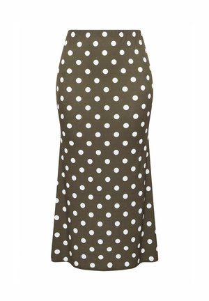 Olivgrüner Midirock mit hoher Taille und weißem Polka-Dot-Muster, an der Hüfte anliegend und zum Saum hin leicht ausgestellt.