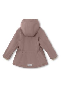 Veste rose pour enfants avec capuche, dotée d'une taille cintrée, de manches longues, de poignets élastiques et d'une finition lisse légèrement brillante.