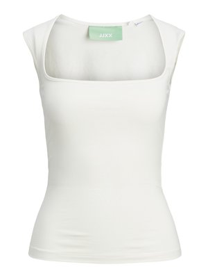Witte aansluitende tanktop met een vierkante halslijn en korte mouwen, gemaakt van rekbaar materiaal. Het label toont de merknaam "JJXX" in het groen.