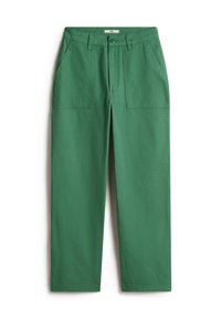 Pantalons en coton verts à coupe droite, avec deux poches avant, un bouton de fermeture et une texture côtelée discrète.