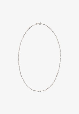 Silberne Metallkette mit kleinen ovalen Gliedern, versehen mit einem einfachen Karabinerverschluss, gleichmäßiger Erscheinung und glatter Textur.