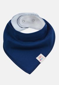 Navyblaue Baumwollbandana-Lätzchen mit weichem, hellgrauem Fleecefutter, Druckknopfverschlüssen und einem kleinen bunten Etikett mit einem Elefantendesign.