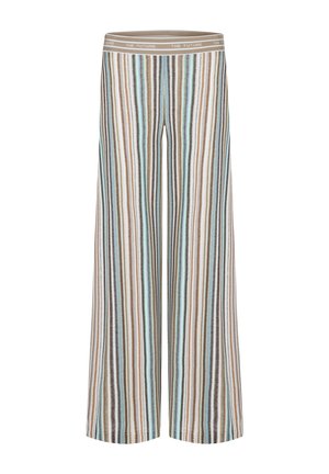 Weite Hosen mit vertikalen Zickzackstreifen in Braun, Blau und Beige, elastischer Bund mit wiederholtem Schriftzug "THE FUTURE".