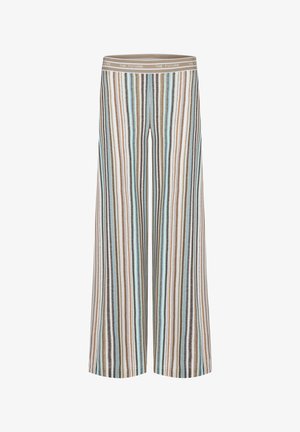 Weite Hosen mit vertikalen Zickzackstreifen in Braun, Blau und Beige, elastischer Bund mit wiederholtem Schriftzug "THE FUTURE".