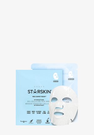 Deux sachets bleus hydratants de masque visage Starskin en bio-cellulose avec un masque en feuille blanche présenté à l'avant.
