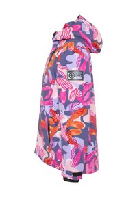 Bunte kapuzenshirtjacke mit floralem Muster in Pink, Lila und Orange. Verfügt über einen Reißverschluss auf der Vorderseite und ein markiertes Patch auf der Brust.