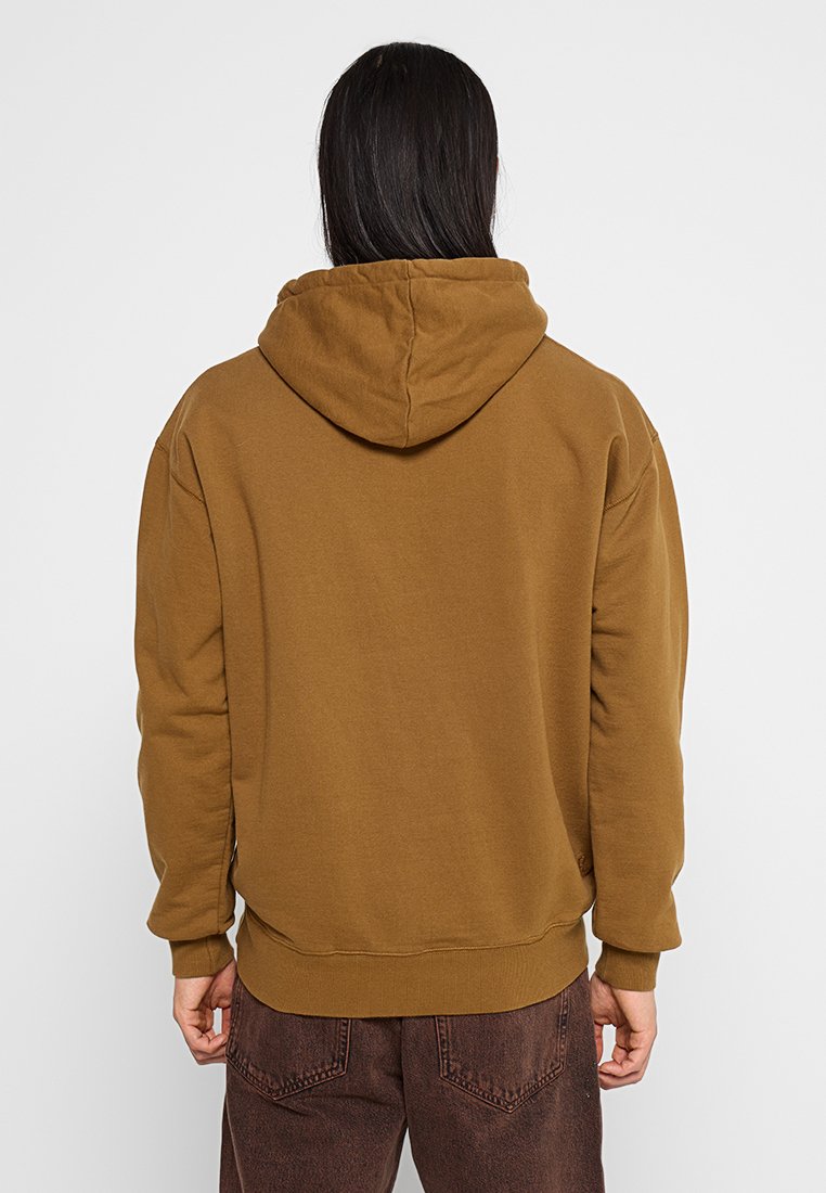 Brauner Kapuzenpullover mit Kordelzug, lockerer Passform und geripptem Saum. Hergestellt aus weichem Stoff, mit einheitlicher Textur und ohne sichtbare Grafiken.