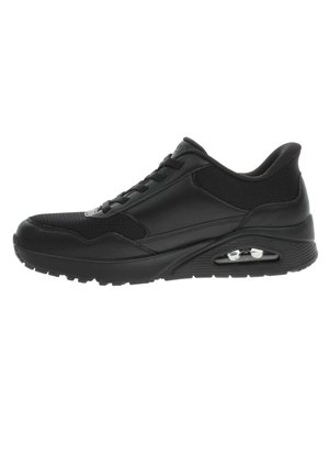 Black athletic sneaker with lace-up front, cushioned sole, mesh and leather panels, and visible air cushioning in the heel.