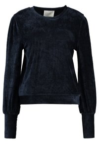 Navyblå, sammetsliknande långärmad topp med rundad halsringning och samlade puffärmar; har en avslappnad passform och ribbade muddarna vid handlederna.