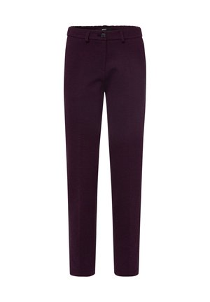 Burgundy tailored trousers made of textured fabric, featuring a button closure, belt loops, and straight-leg design.