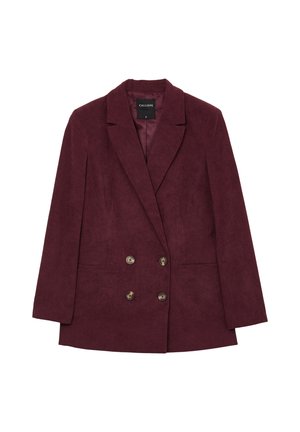 Blazer en velours côtelé bordeaux à double boutonnage avec des revers crantés, deux poches avant et des boutons en écaille de tortue, taille petite.