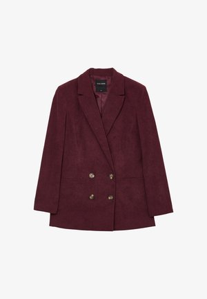 Dunkelburgunderrot gestreifter Zweireiher-Blazer mit Reverskragen, zwei Vorderaschen und Schildpattknöpfen, Größe S.