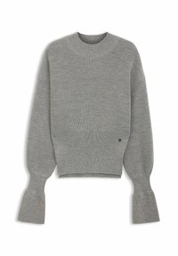 Grey knitted long-sleeve sweater with a ribbed high neckline, flared cuffs, and a small metal logo on the lower right side.