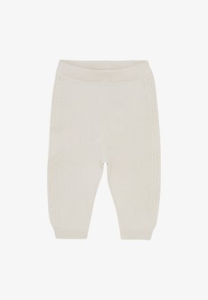 Dziewczęce rajstopy dla niemowląt w kremowym kolorze, z prążkowanym pasem w talii, teksturowanymi wzorami po bokach i zwężanymi mankietami nogawek. Miękka tkanina.