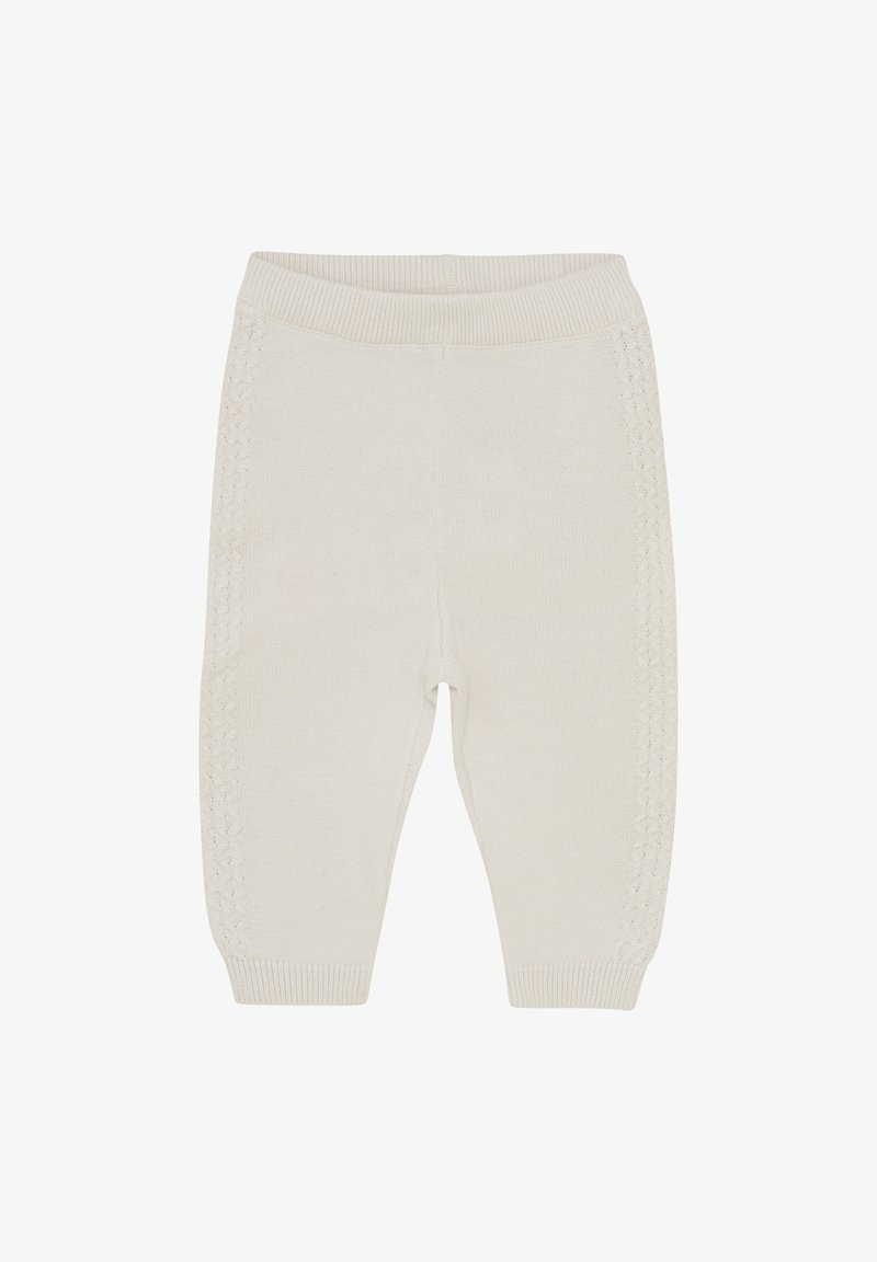 Dziewczęce rajstopy dla niemowląt w kremowym kolorze, z prążkowanym pasem w talii, teksturowanymi wzorami po bokach i zwężanymi mankietami nogawek. Miękka tkanina.
