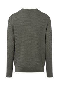 Grau gestrickter Pullover mit einem strukturierten Muster, Rundhalsausschnitt, langen Ärmeln sowie Rippenbündchen und -saum. Standardpassform und Rückansicht gezeigt.