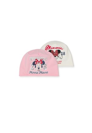 Zwei Mützen: eine pinke mit einer Minnie-Maus-Grafik und Text, die andere weiße mit rotem Text und einer Minnie-Grafik. Besteht aus weichem Material.