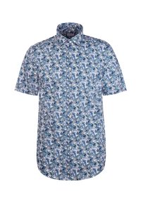 Korte mouwen overhemd met knopen, met een blauw-wit patroon. Lichtgewicht stof, opstaande kraag en een afgeronde zoom.