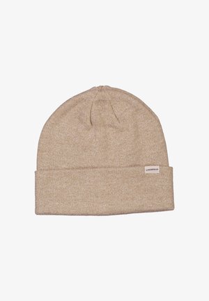 Beige knit beanie with a folded cuff and a small brand tag. Made from textured, soft material, it features a rounded top.