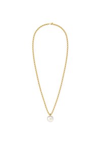 Kultainen ketjukaulakoru, jossa pyöreä helmiriipus. Ketju on suunniteltu geometrisillä lenkeillä; helmi on sileä ja valkoinen. Yksinkertainen ja tyylikäs ilme.
