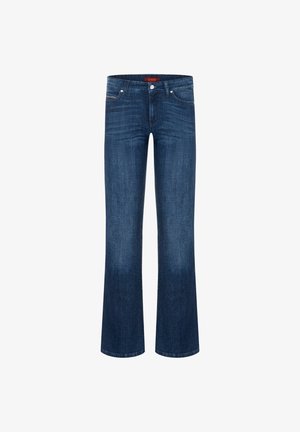 Blauwe spijkerbroek van denim met een rechte pijp, voorzien van een subtiele vervaging. Stijl met vijf zakken, metalen klinknagels en een rood label op de tailleband.