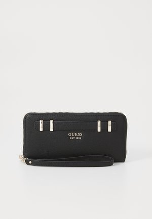 Black textured leather wallet with a zip closure, featuring three metallic accents and a logo inscription in gold. Includes a wrist strap.