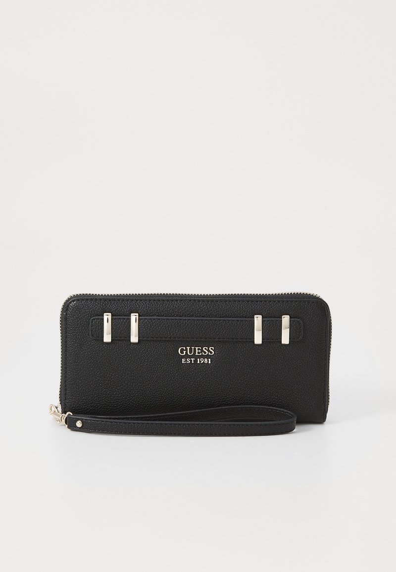 Black textured leather wallet with a zip closure, featuring three metallic accents and a logo inscription in gold. Includes a wrist strap.