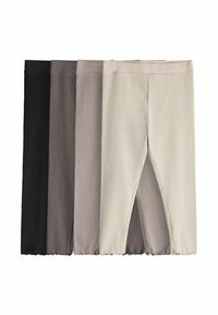 Conjunto de cuatro pares de leggings en negro, gris oscuro, gris claro y beige. Tela suave con cintura elástica y aberturas en los tobillos, textura acanalada.