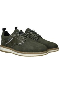 Zelené síťované tenisky s hladkým semišovým překrytím, bílou mezipodešví, hnědým kontrastním prošíváním a klasickým designem na šněrování.