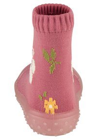 Rosa gestrickte Knöchelstiefel mit floralen Mustern in Weiß und Gelb, ausgestattet mit einem gerippten Kragen und einer durchsichtigen, strukturierten Gummisohle.