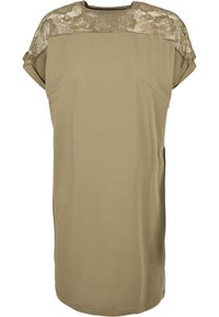 Robe kaki à manches courtes et coupe ample avec un panneau en dentelle florale aux épaules et sur le haut de la poitrine.