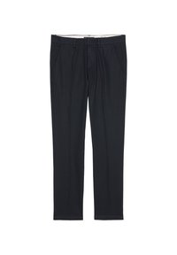 Pantaloni neri in tessuto strutturato con design a gamba dritta, dotati di tasche frontali e chiusura con zip.