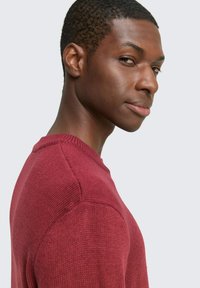 Burgunderfarbener Strickpullover mit strukturiertem Muster, rundem Ausschnitt und leicht taillierter Silhouette, seitlich vor einem neutralen Hintergrund gezeigt.
